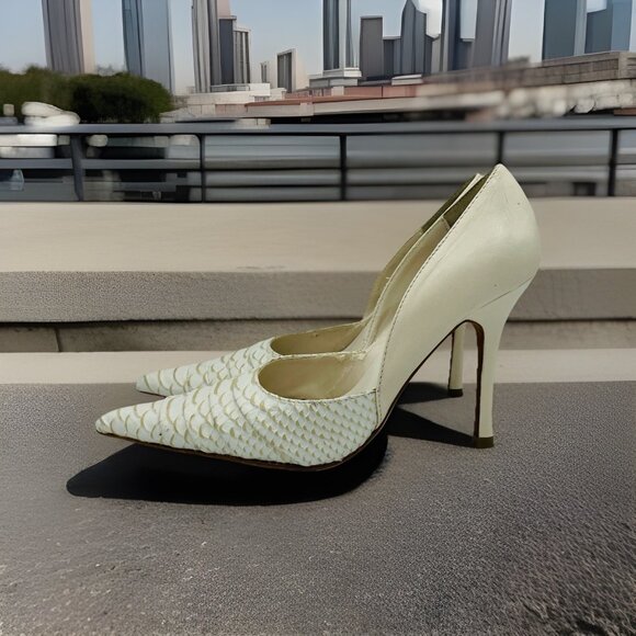 ALDO Womens Heels Size 6.5 White Leather D'Orsay High Heel Croc Animal Print - Picture 2 of 13